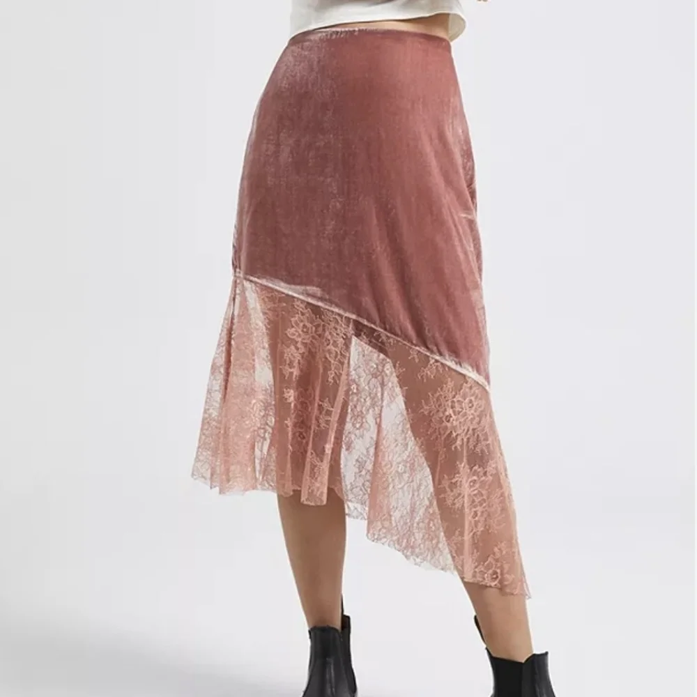 0/2 Free People Asymmetrical Crushed Velvet & Lace Midi Skirt, Side Zipper